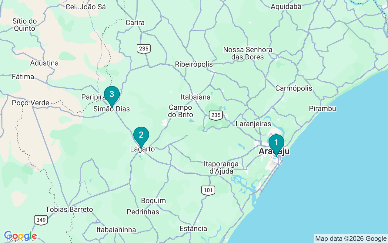 Mapa com os pins das unidades PRÓ-ODONTO em Aracaju, Lagarto e Simão Dias